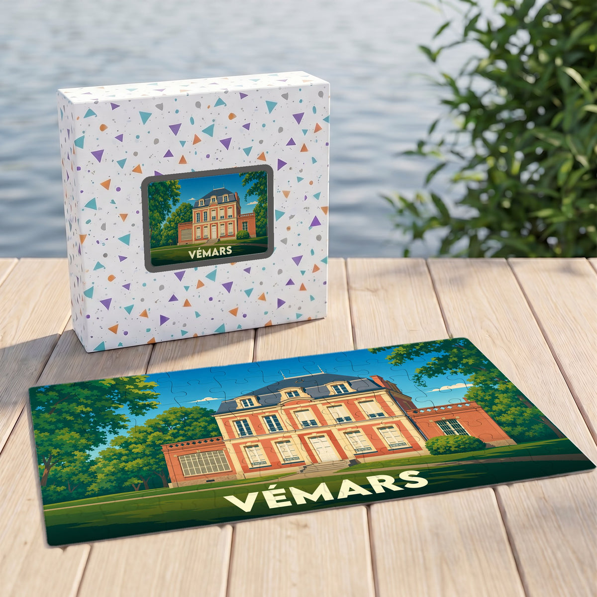 Puzzle souvenir de la ville de Vémars avec une illustration stylisée d'un château.