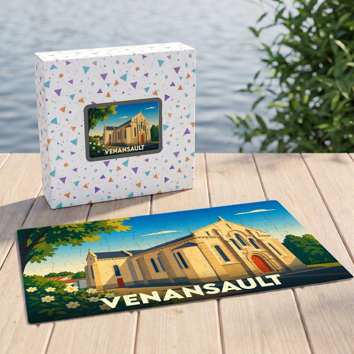 Puzzle souvenir de la ville de Venansault avec une illustration stylisée de son église.