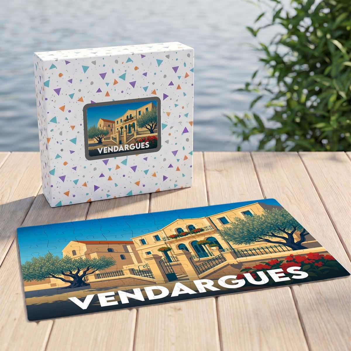 Puzzle souvenir de la ville de Vendargues présentant une illustration stylisée de son architecture.