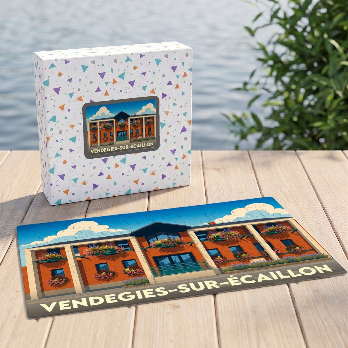 Puzzle souvenir de la ville de Vendegies-sur-Écaillon avec une illustration stylisée de sa mairie fleurie.