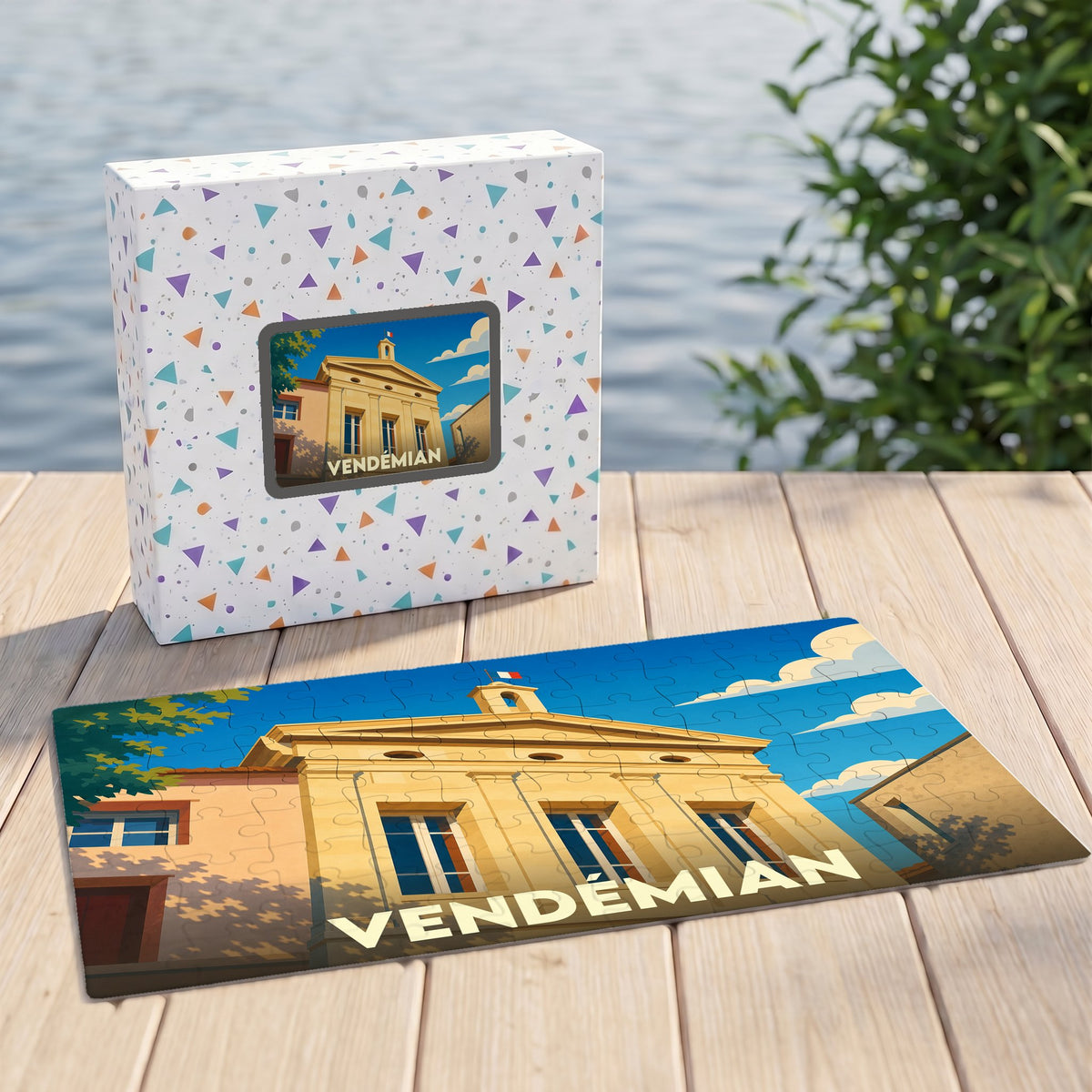Puzzle souvenir de la ville de Vendémian avec une illustration stylisée d'un bâtiment historique.