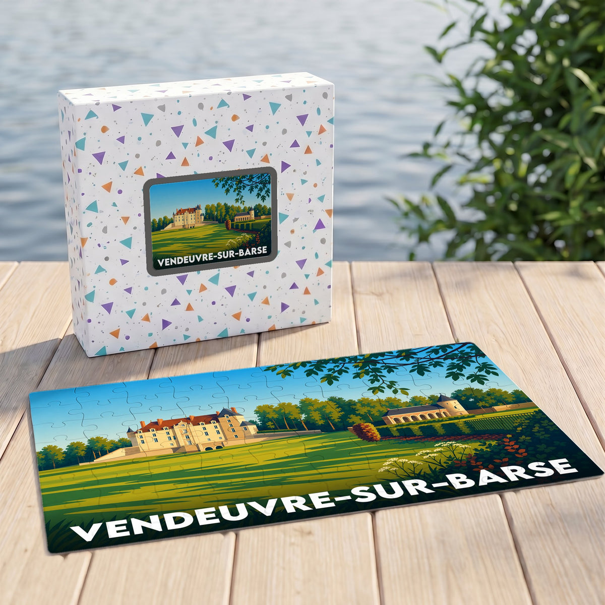 Puzzle souvenir de la ville de Vendeuvre-sur-Barse avec une illustration stylisée d'un château.