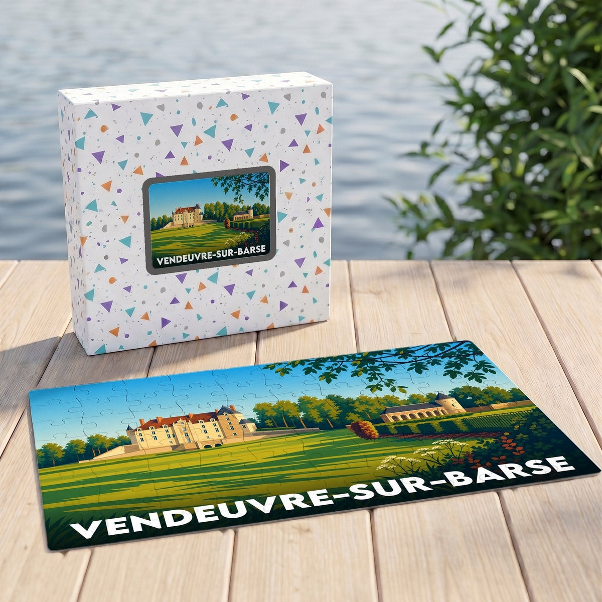 Puzzle souvenir de la ville de Vendeuvre-sur-Barse avec une illustration stylisée d'un château.