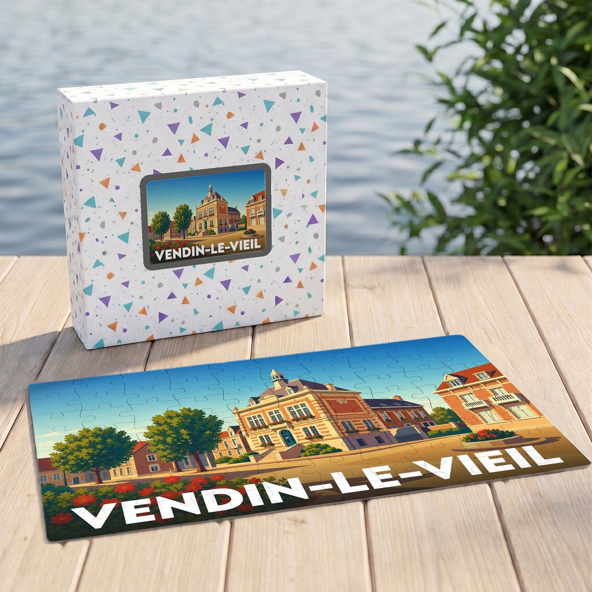 Puzzle souvenir de la ville de Vendin-le-Vieil avec une illustration stylisée de son architecture.