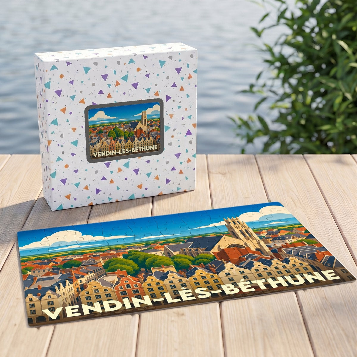 Puzzle souvenir de la ville de Vendin-lès-Béthune avec une illustration panoramique stylisée.