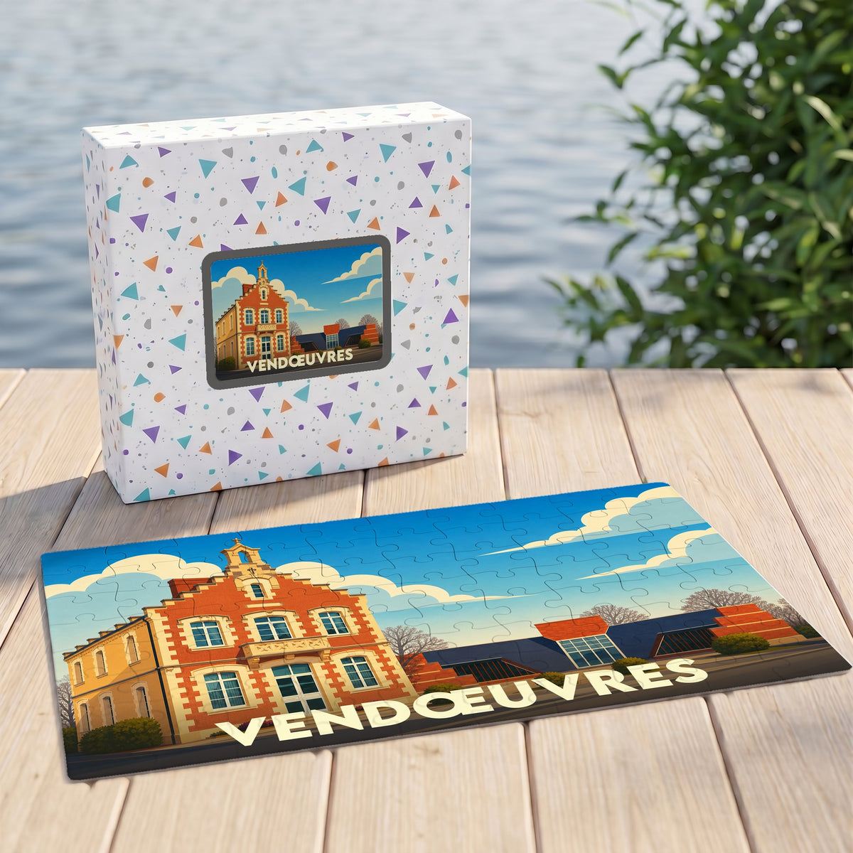 Puzzle souvenir de la ville de Vendœuvres avec une illustration stylisée et colorée.