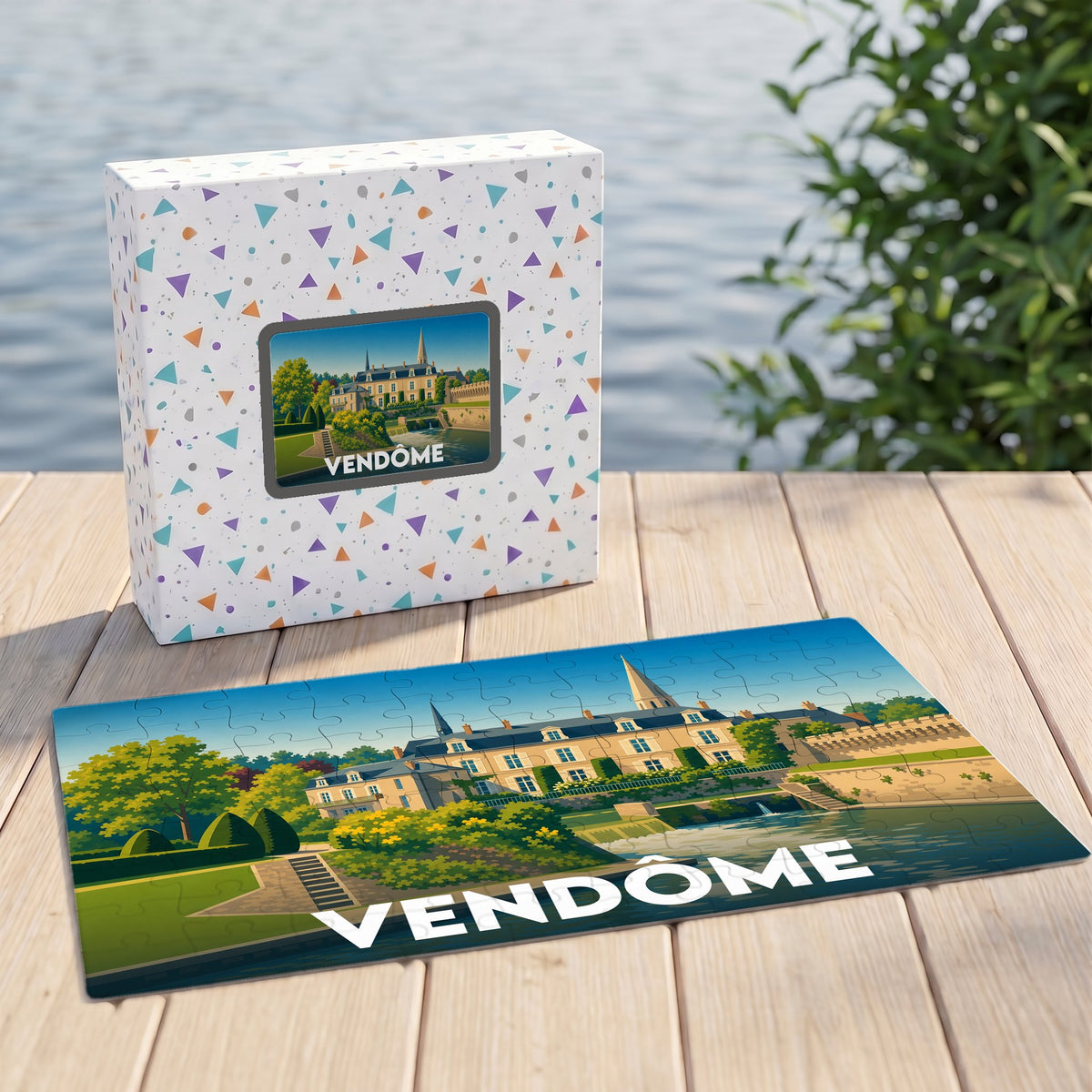 Puzzle souvenir de la ville de Vendôme avec une illustration stylisée d'un château au bord de l'eau.