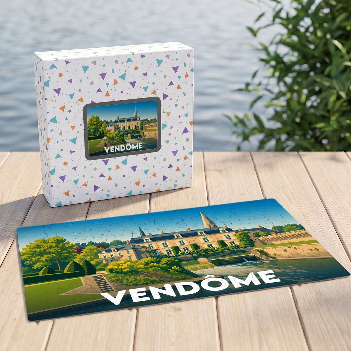 Puzzle souvenir de la ville de Vendôme avec une illustration stylisée d'un château au bord de l'eau.