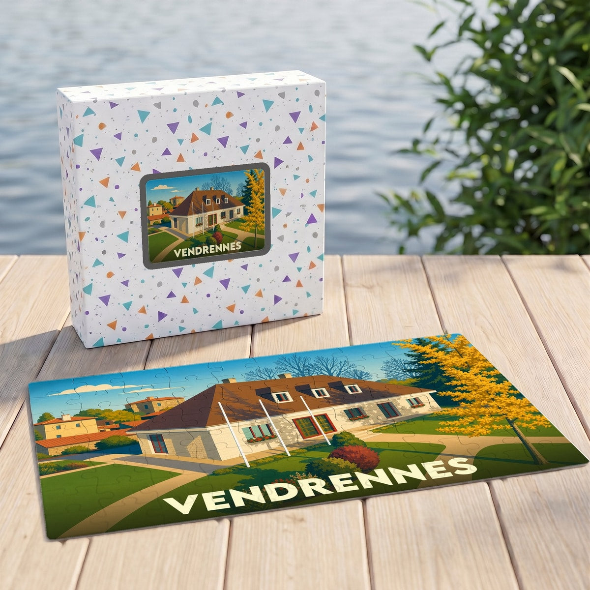 Puzzle souvenir de la ville de Vendrennes avec une illustration stylisée d'un bâtiment et son coffret assorti.