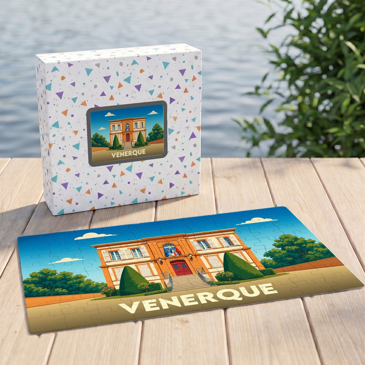 Puzzle souvenir de la ville de Venerque avec une illustration stylisée de sa mairie.