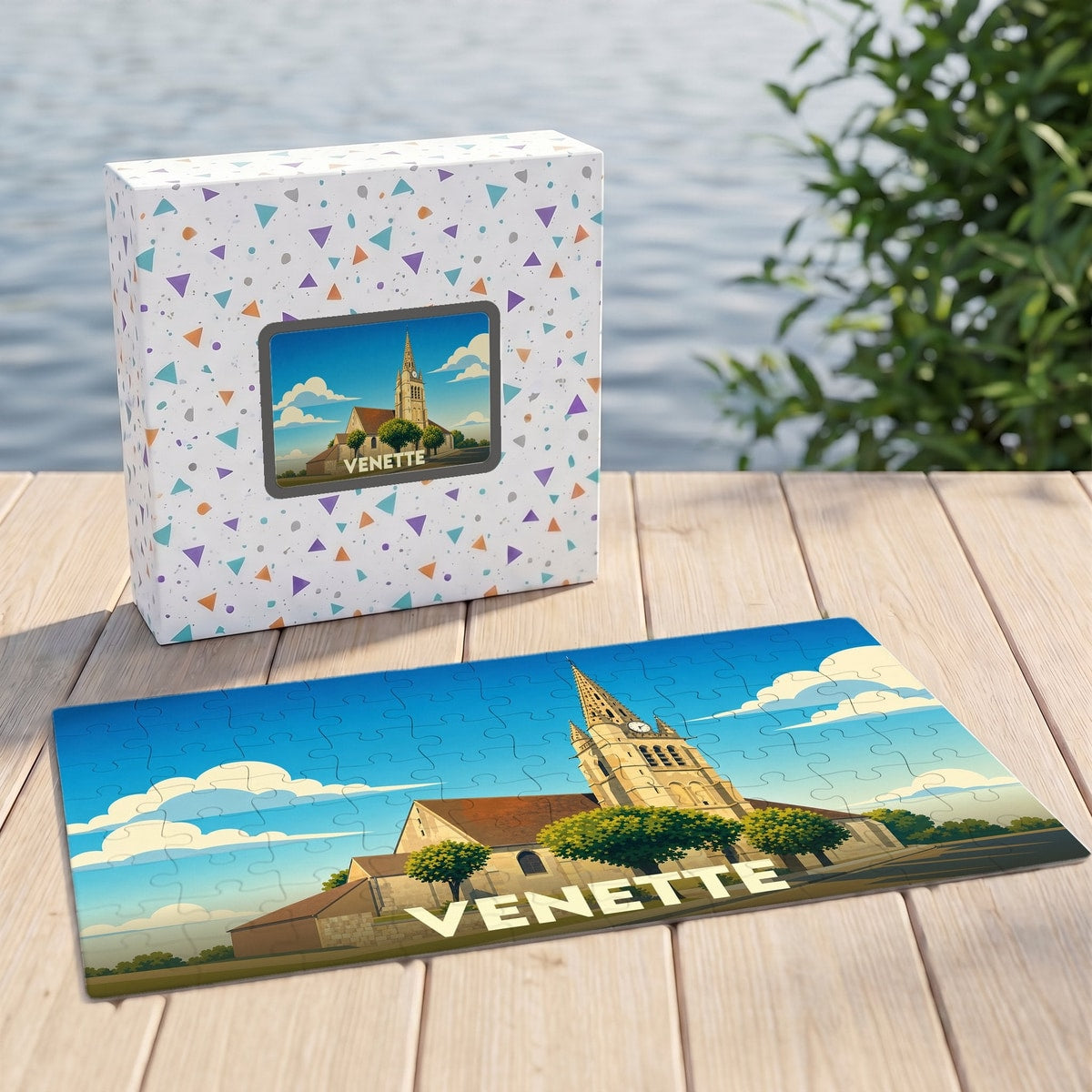 Puzzle souvenir de la ville de Venette avec une illustration stylisée de son église.
