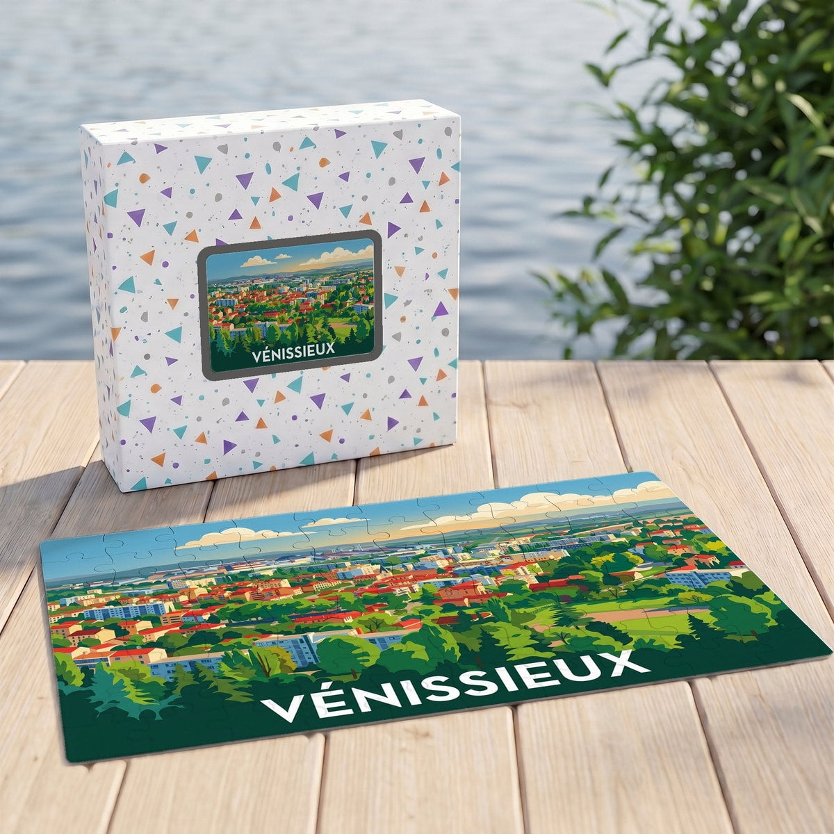 Puzzle souvenir de la ville de Vénissieux avec une illustration panoramique stylisée et colorée.