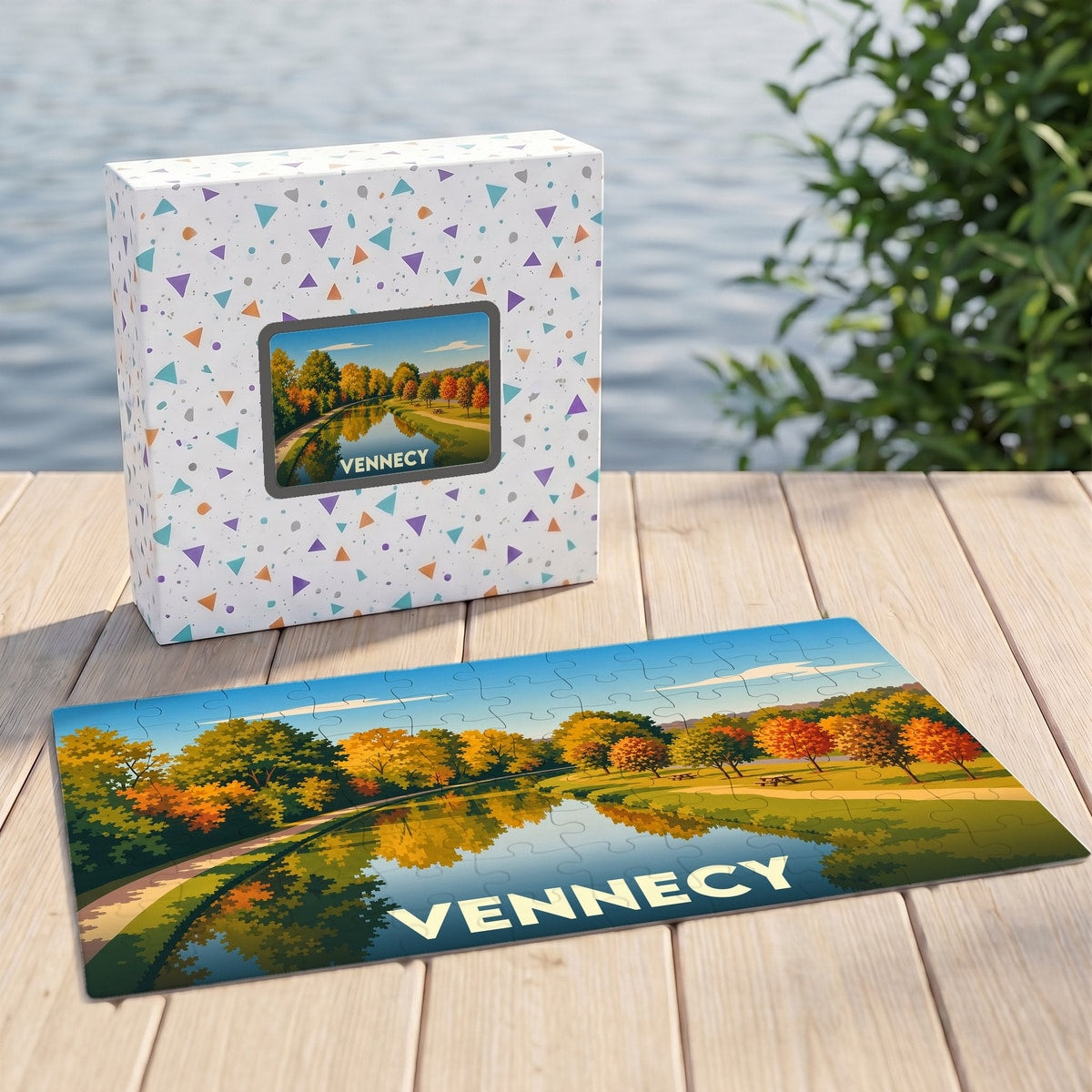 Puzzle souvenir de la ville de Vennecy illustré d'un paysage automnal au bord de l'eau.
