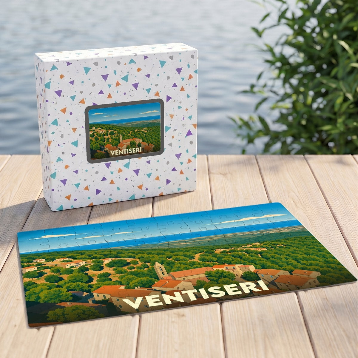 Puzzle souvenir de la ville de Ventiseri avec une illustration de paysage stylisée.