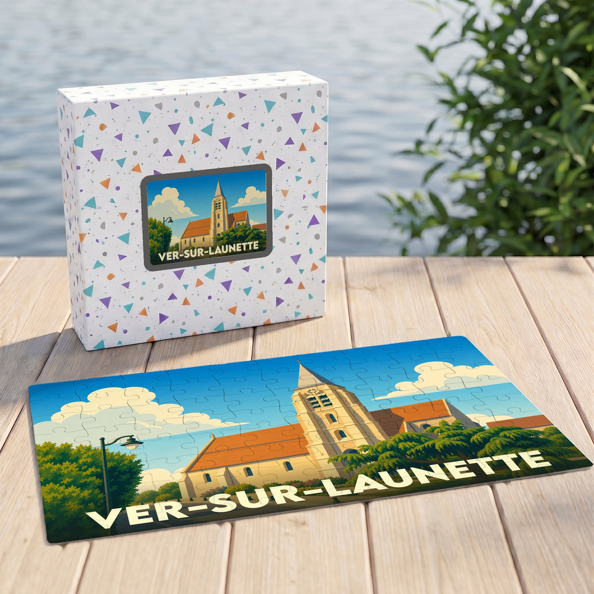 Puzzle souvenir de la ville de Ver-sur-Launette avec une illustration stylisée de son église.