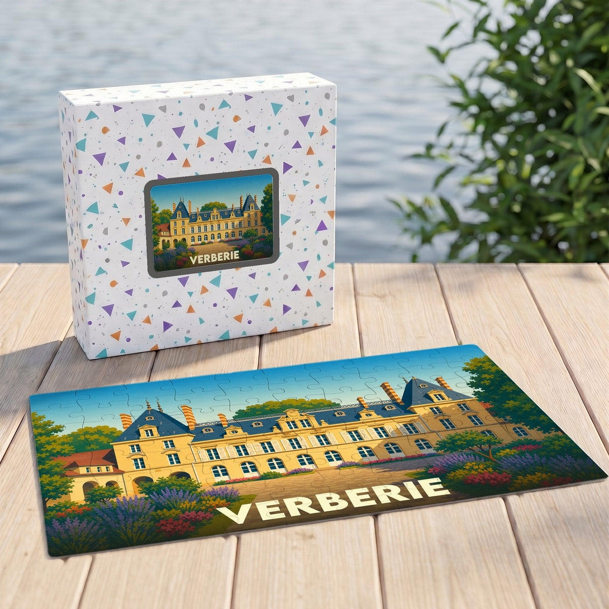 Puzzle souvenir de la ville de Verberie présentant une illustration stylisée d'un château avec son emballage assorti.
