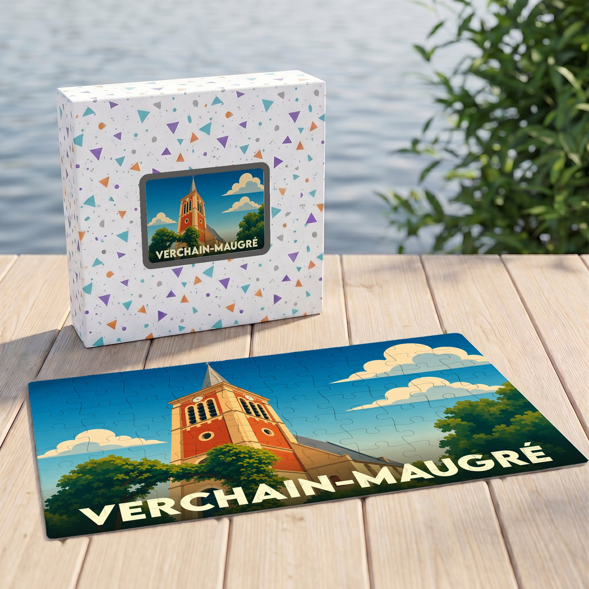 Puzzle souvenir de la ville de Verchain-Maugré avec une illustration stylisée de son église.