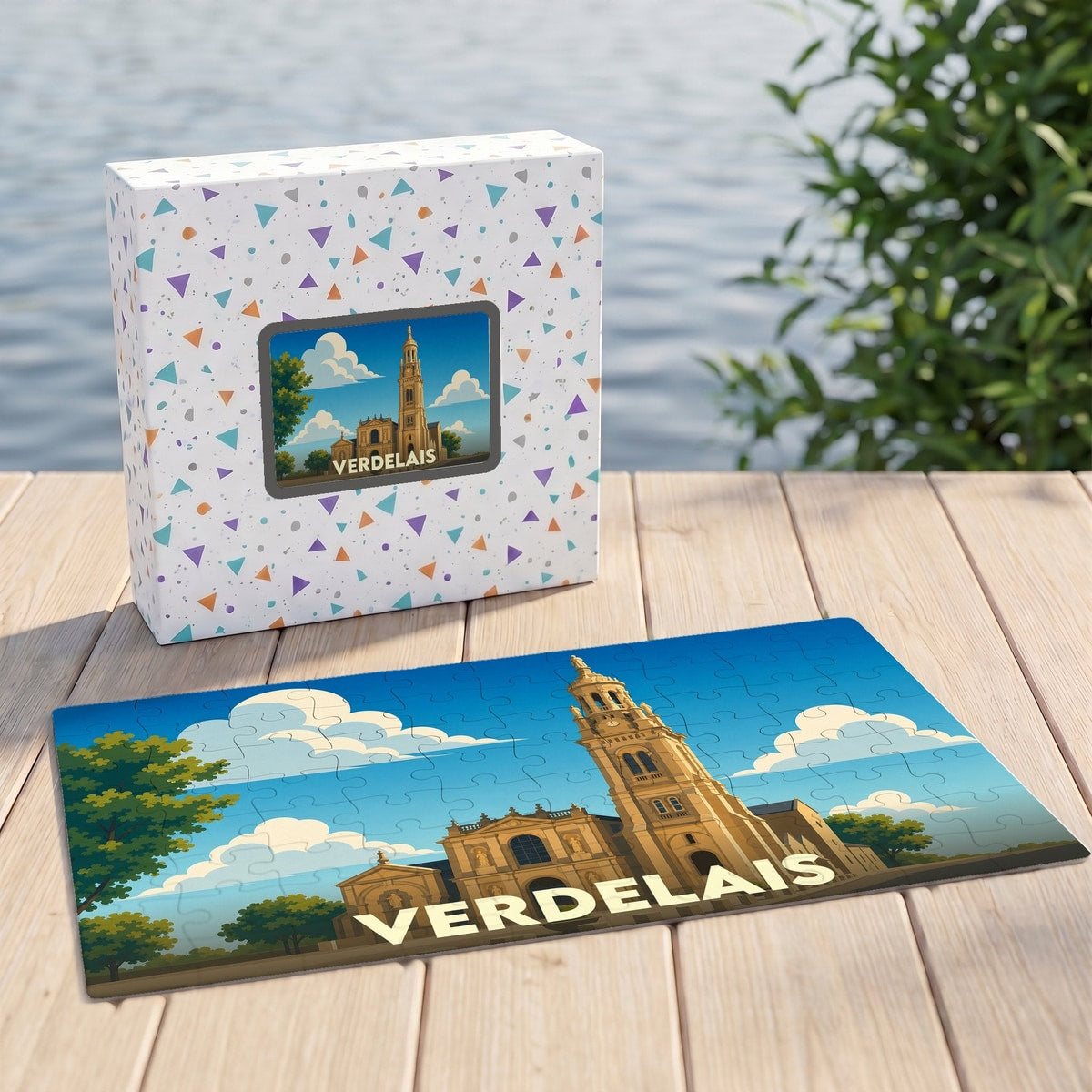 Puzzle souvenir de la ville de Verdelais avec une illustration stylisée d'un monument historique.