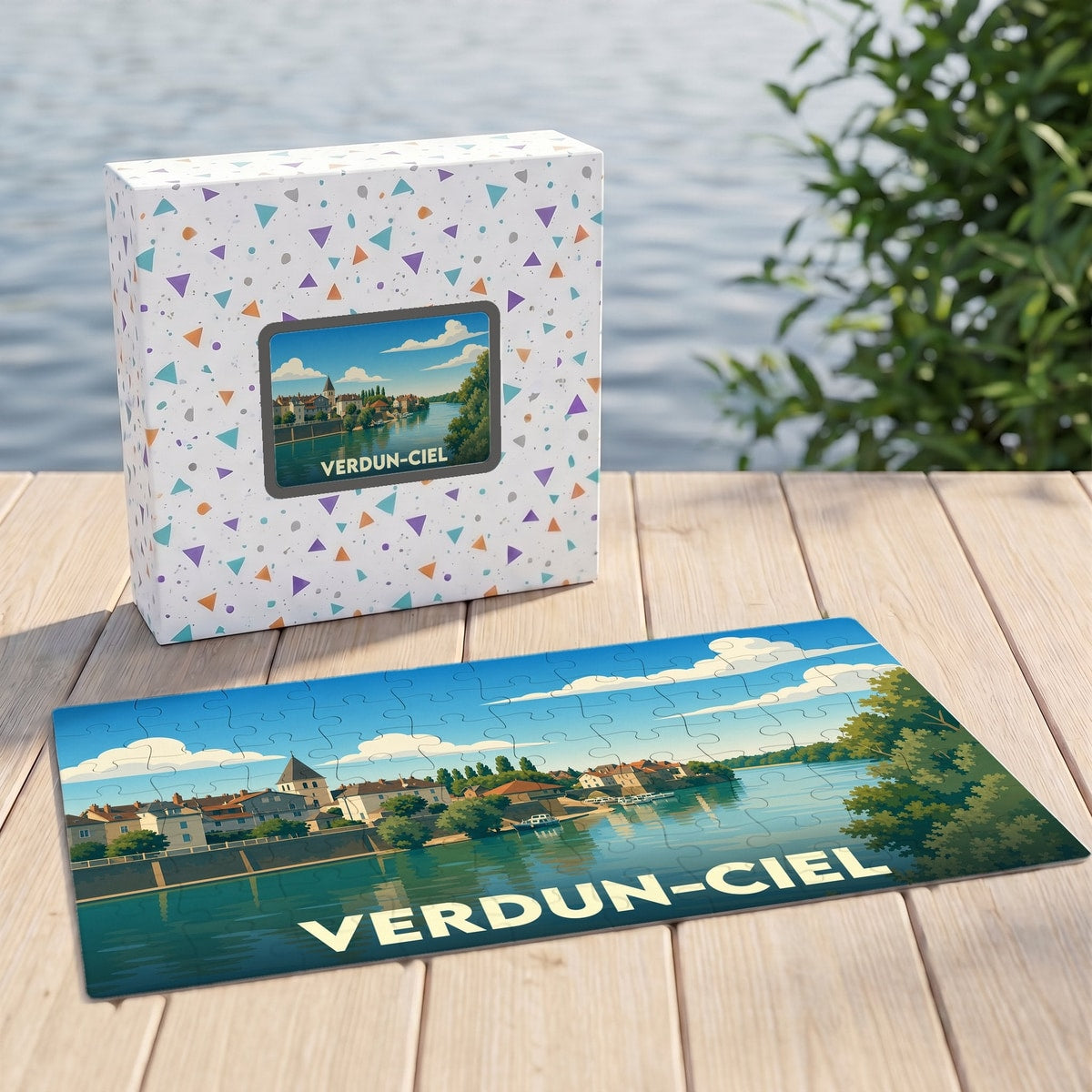 Puzzle souvenir de la ville de Verdun-Ciel avec une illustration stylisée d'un paysage fluvial.