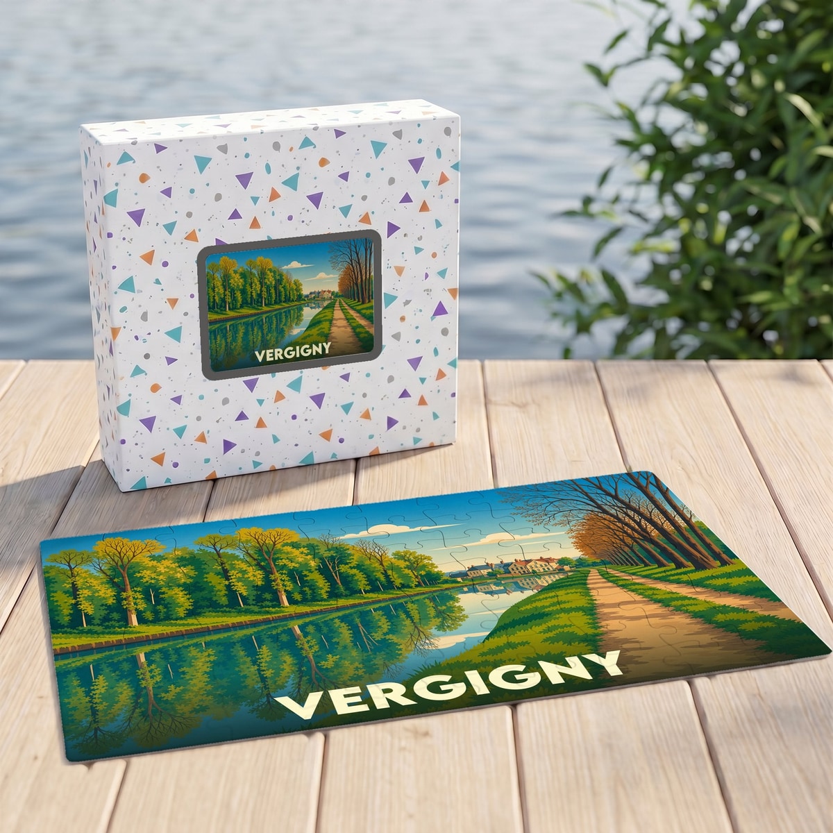 Puzzle souvenir de la ville de Vergigny avec une illustration stylisée d'un canal bordé d'arbres.