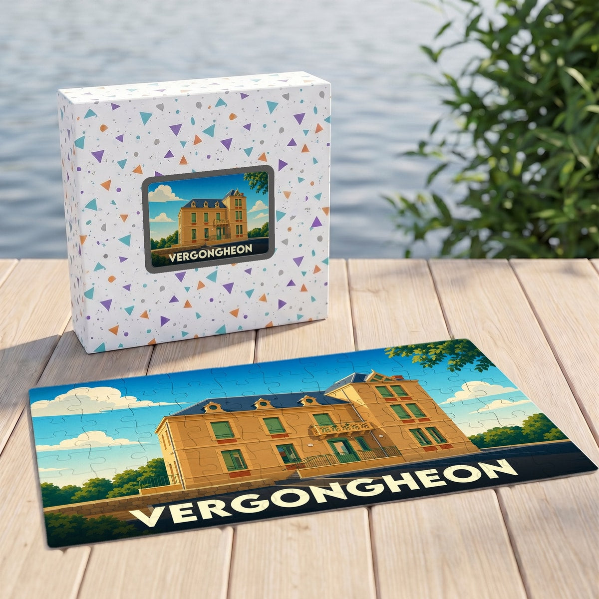 Puzzle souvenir de la ville de Vergongheon avec une illustration stylisée d'un bâtiment historique.