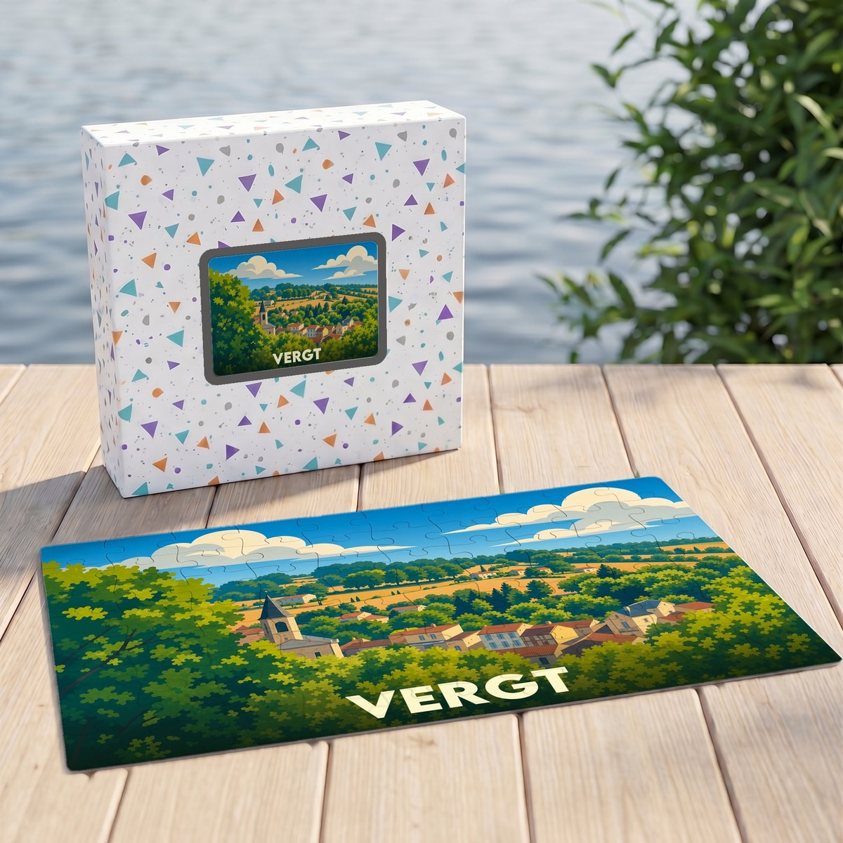 Puzzle souvenir de la ville de Vergt avec une illustration de paysage champêtre.