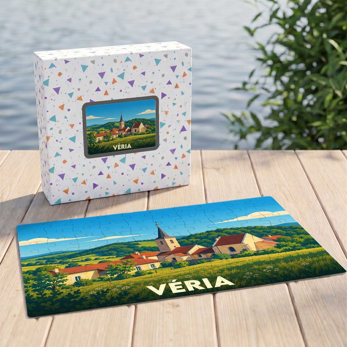 Puzzle souvenir de la ville de Véria avec une illustration stylisée d'un paysage champêtre.