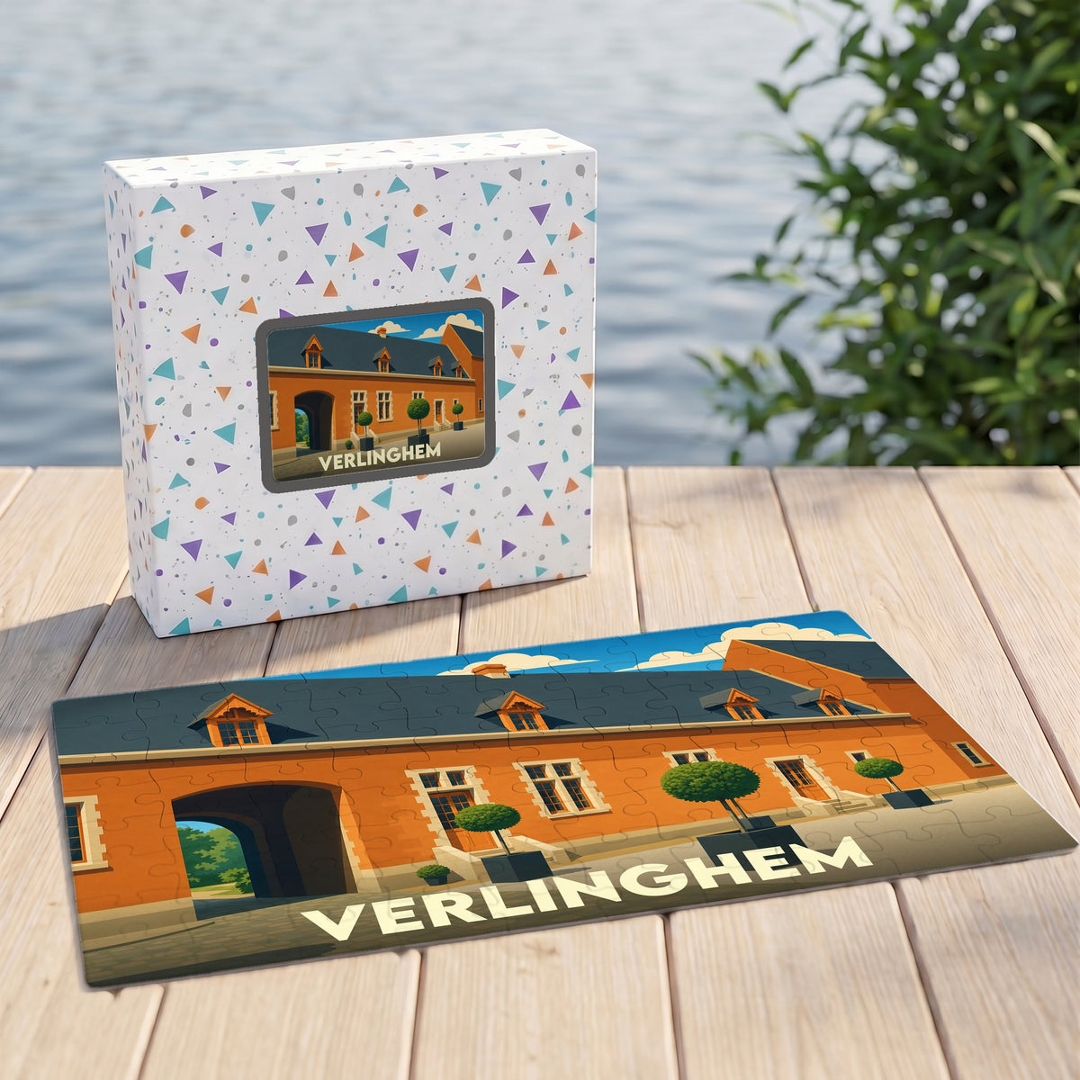 Puzzle souvenir de la ville de Verlinghem avec une illustration stylisée de son architecture.