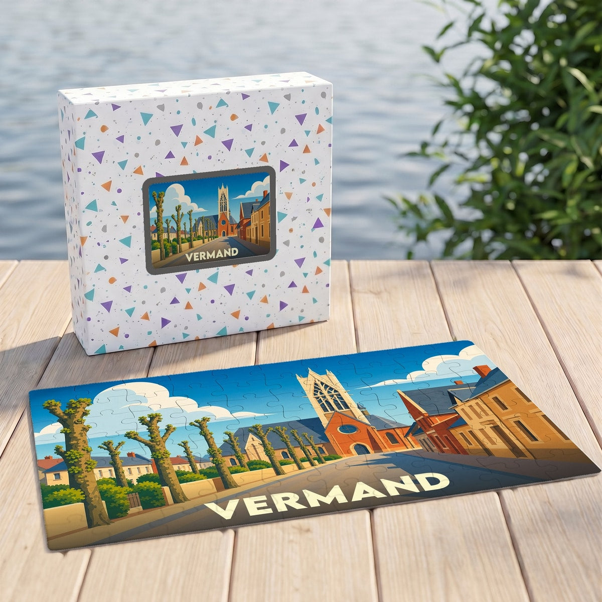 Puzzle souvenir de la ville de Vermand avec une illustration stylisée et sa boîte assortie.