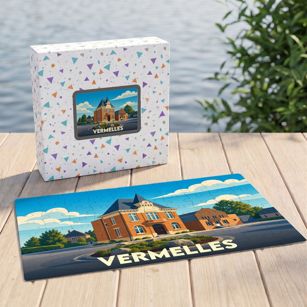 Puzzle souvenir de la ville de Vermelles avec une illustration stylisée d'un bâtiment remarquable.