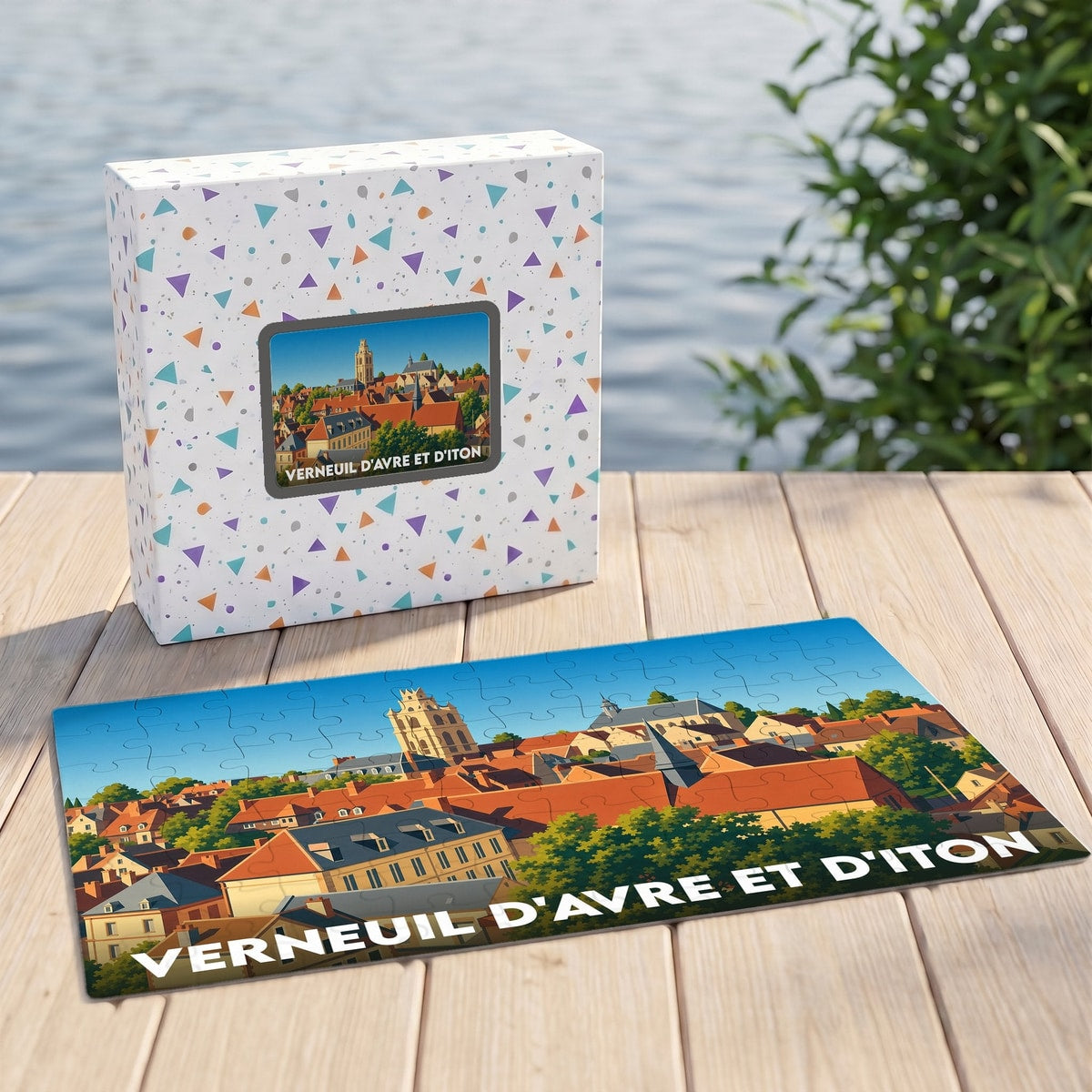 Puzzle souvenir de la ville de Verneuil d'Avre et d'Iton avec une illustration panoramique colorée.