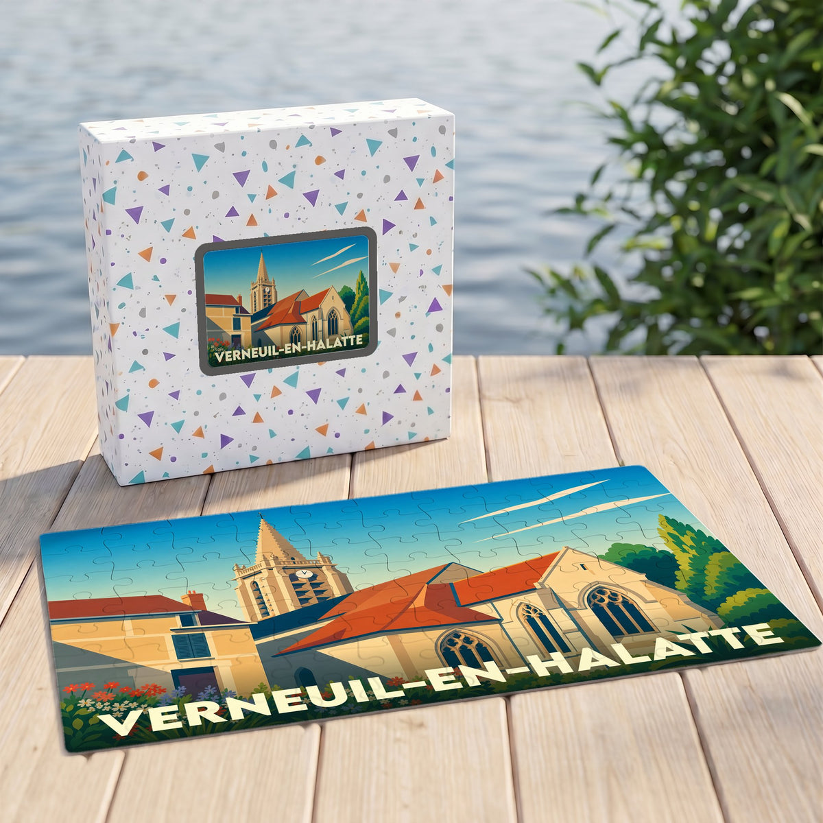 Puzzle souvenir de la ville de Verneuil-en-Halatte avec une illustration stylisée et colorée de son église.