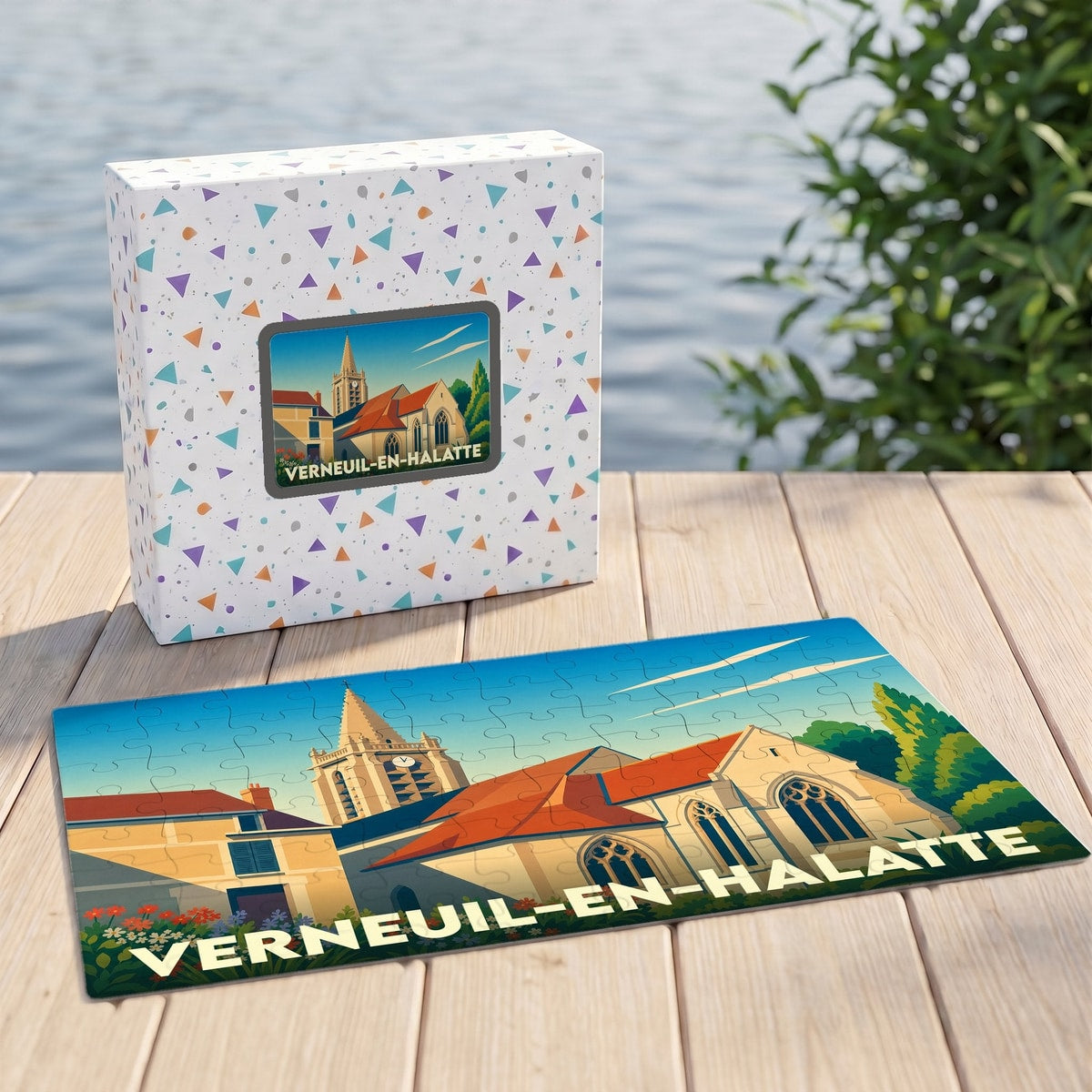 Puzzle souvenir de la ville de Verneuil-en-Halatte avec une illustration stylisée et colorée de son église.