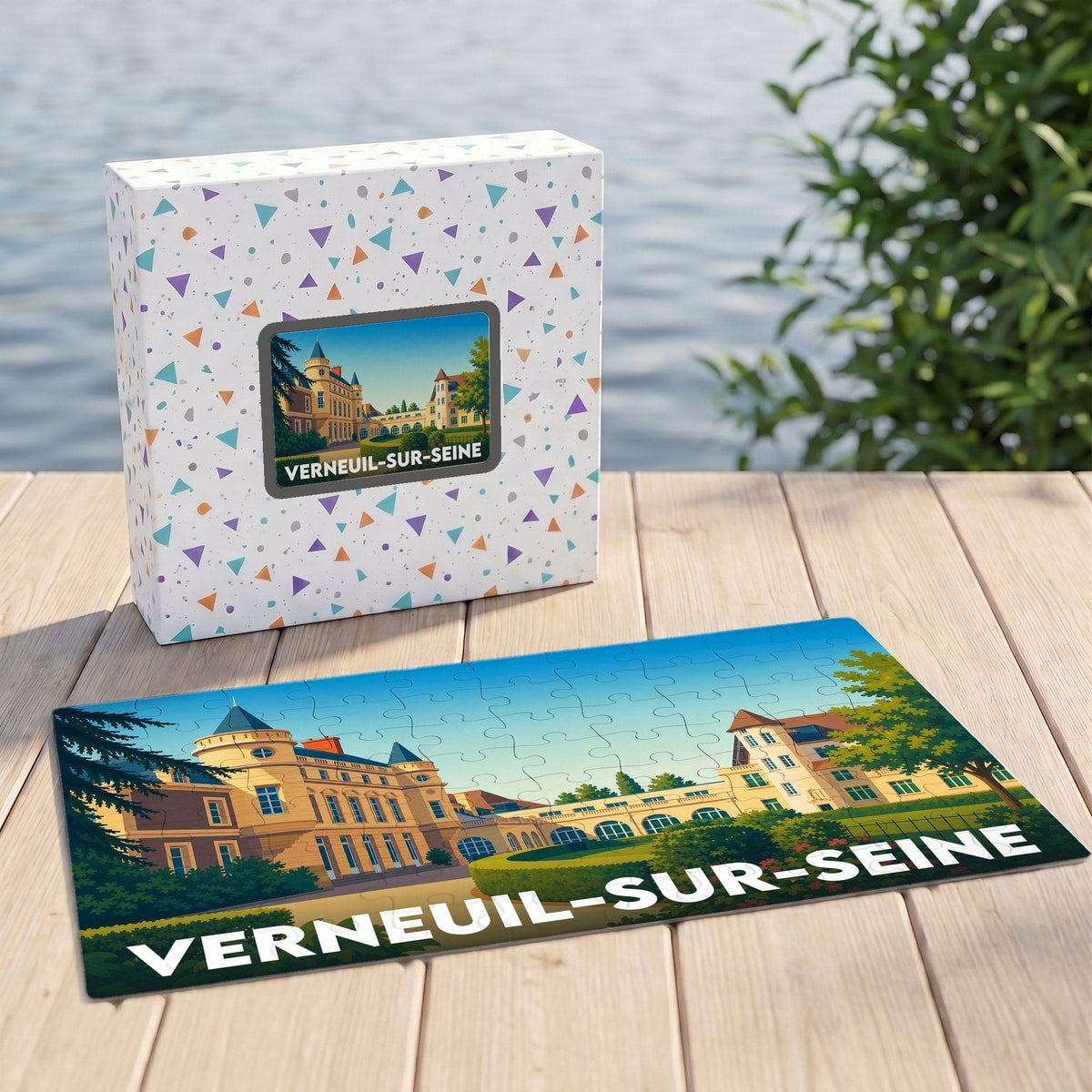 Puzzle souvenir de la ville de Verneuil-sur-Seine avec une illustration stylisée et colorée.