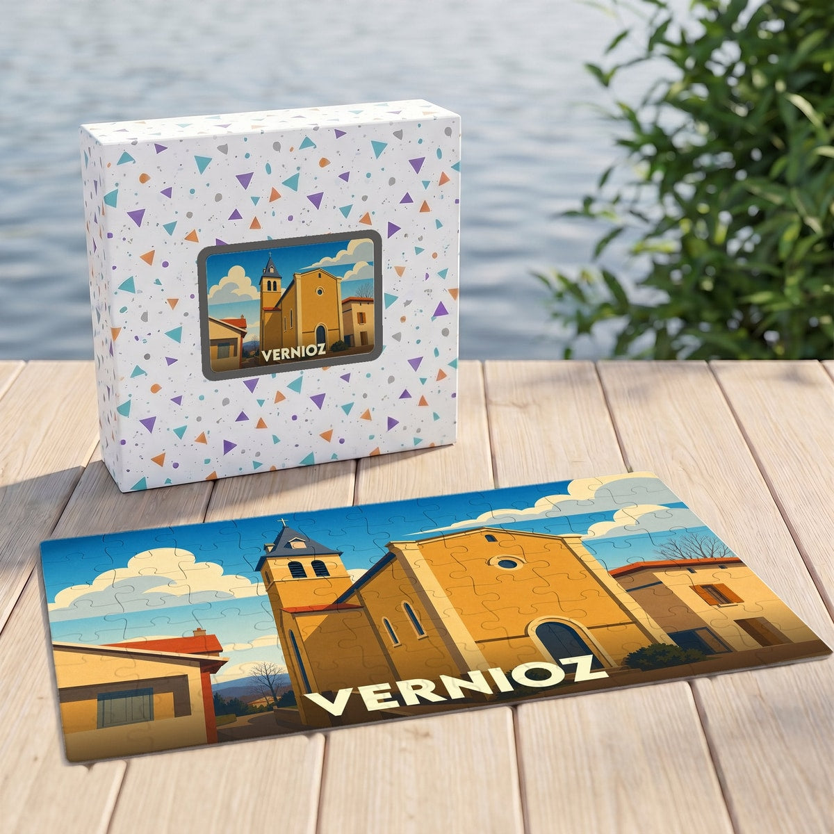 Puzzle souvenir de la ville de Vernioz avec une illustration stylisée d'une église sous un ciel bleu.