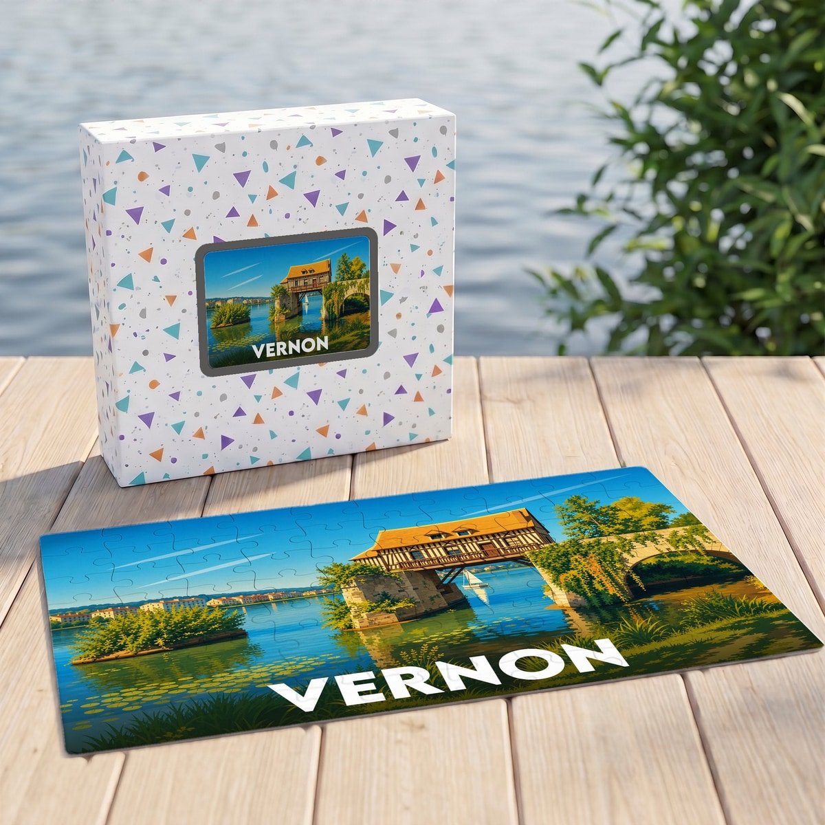 Puzzle souvenir de la ville de Vernon avec une illustration stylisée du Vieux-Moulin.