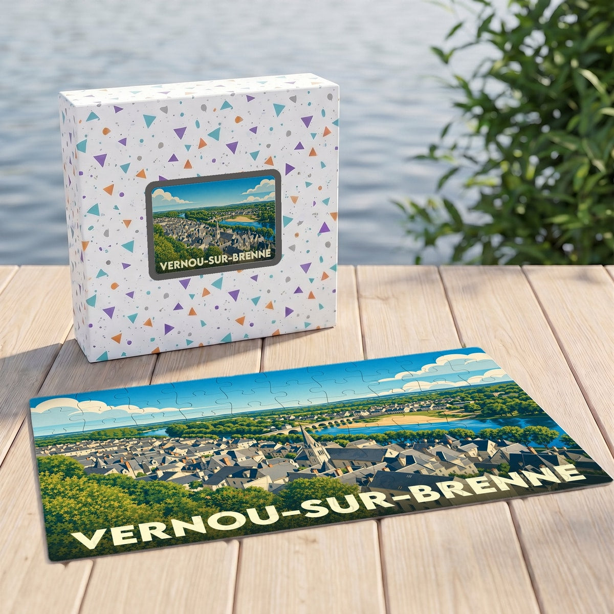 Puzzle souvenir de la ville de Vernou-sur-Brenne avec une illustration stylisée et colorée.