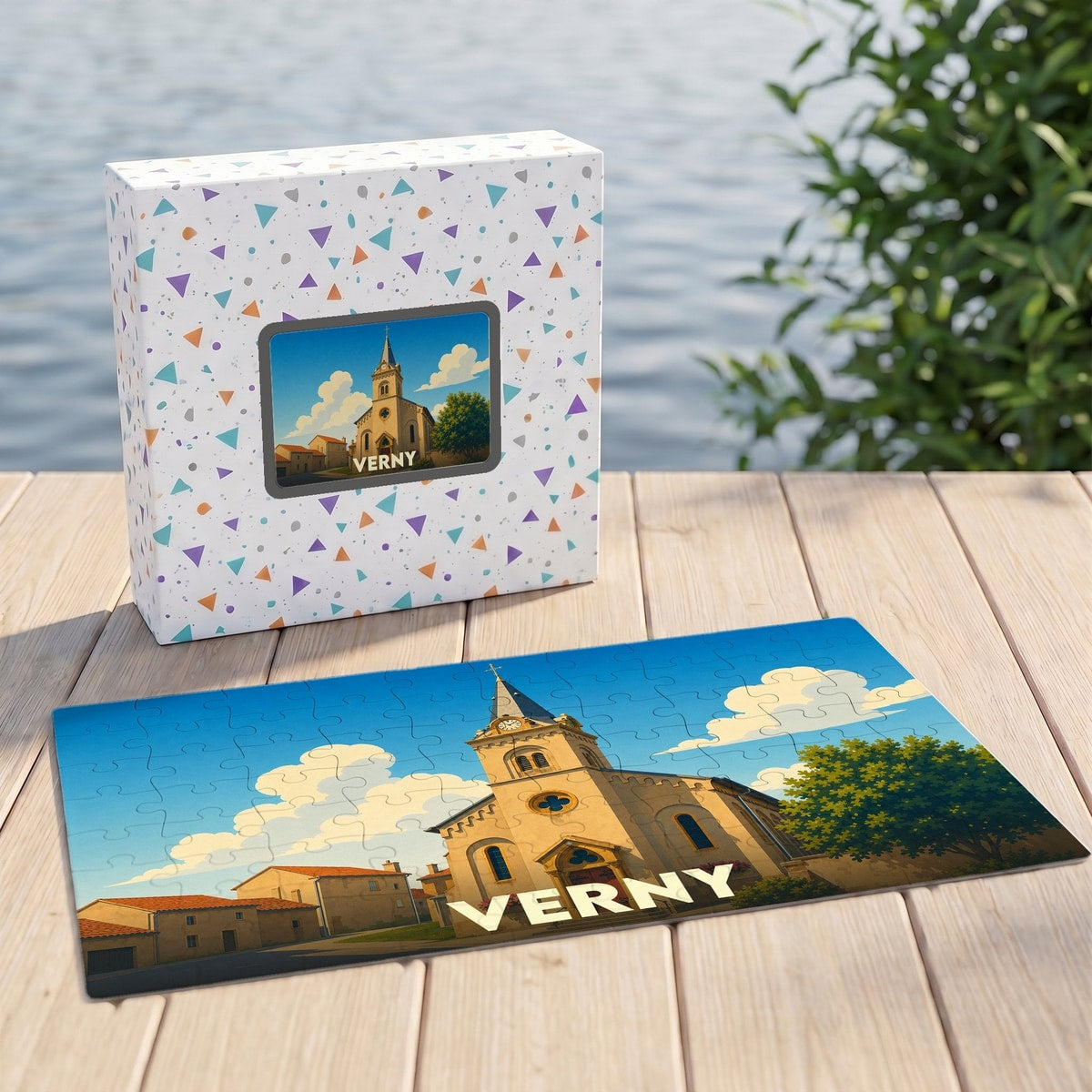 Puzzle souvenir de la ville de Verny présentant une illustration stylisée de son église sous un ciel azur.