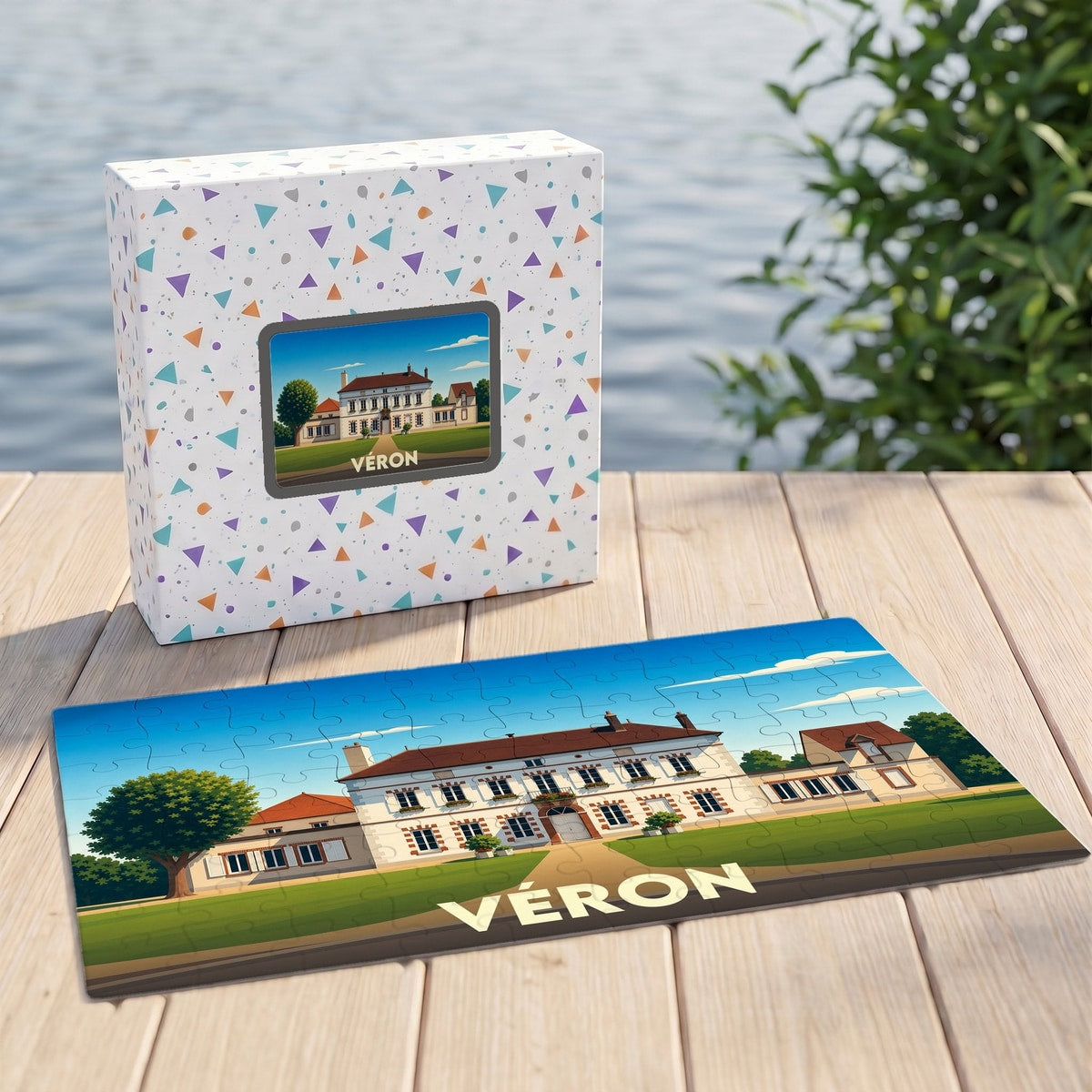 Puzzle souvenir de la ville de Véron avec une illustration stylisée d'un bâtiment remarquable.