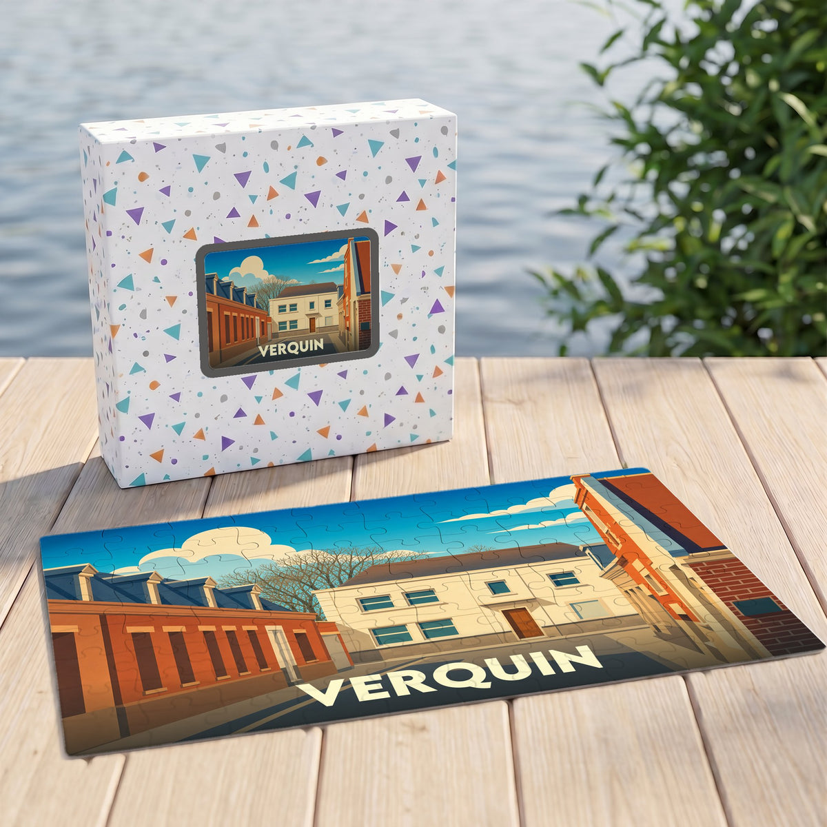 Puzzle souvenir de la ville de Verquin présentant une illustration stylisée de ses rues et bâtiments.