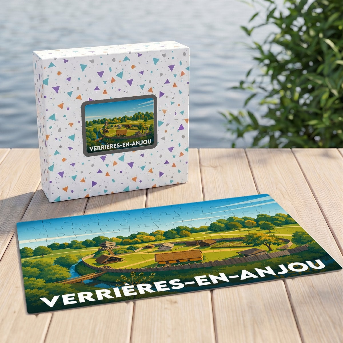 Puzzle souvenir de la ville de Verrières-en-Anjou illustrant un paysage de village médiéval stylisé.