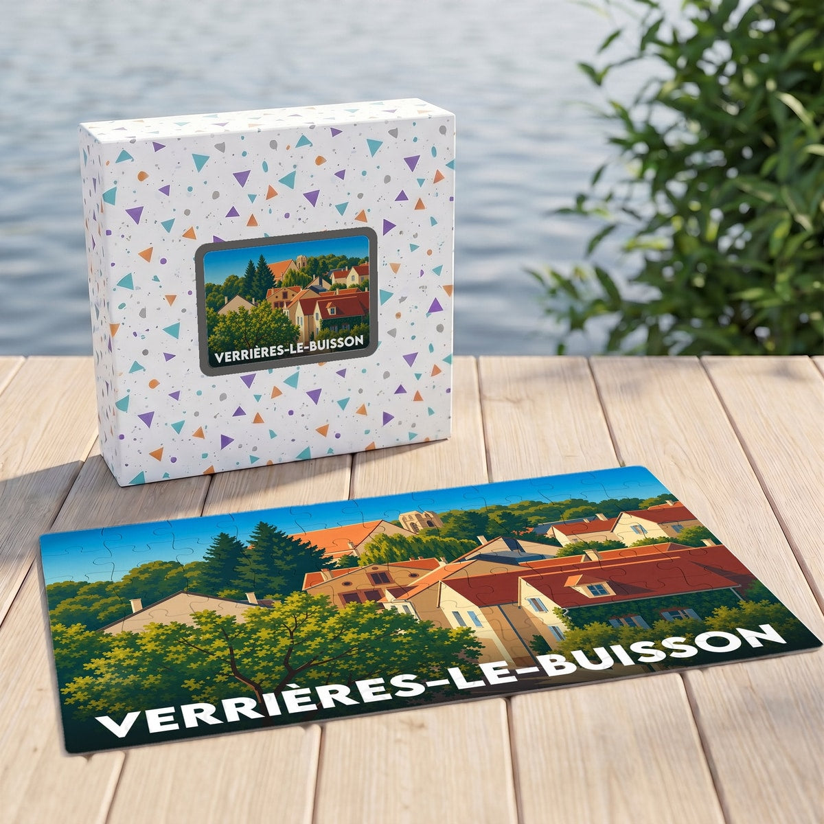 Puzzle souvenir de la ville de Verrières-le-Buisson avec son illustration stylisée et sa boîte assortie.