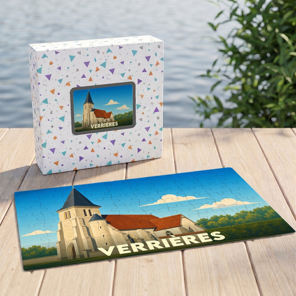 Puzzle souvenir de la ville de Verrières avec une illustration stylisée d'une église.