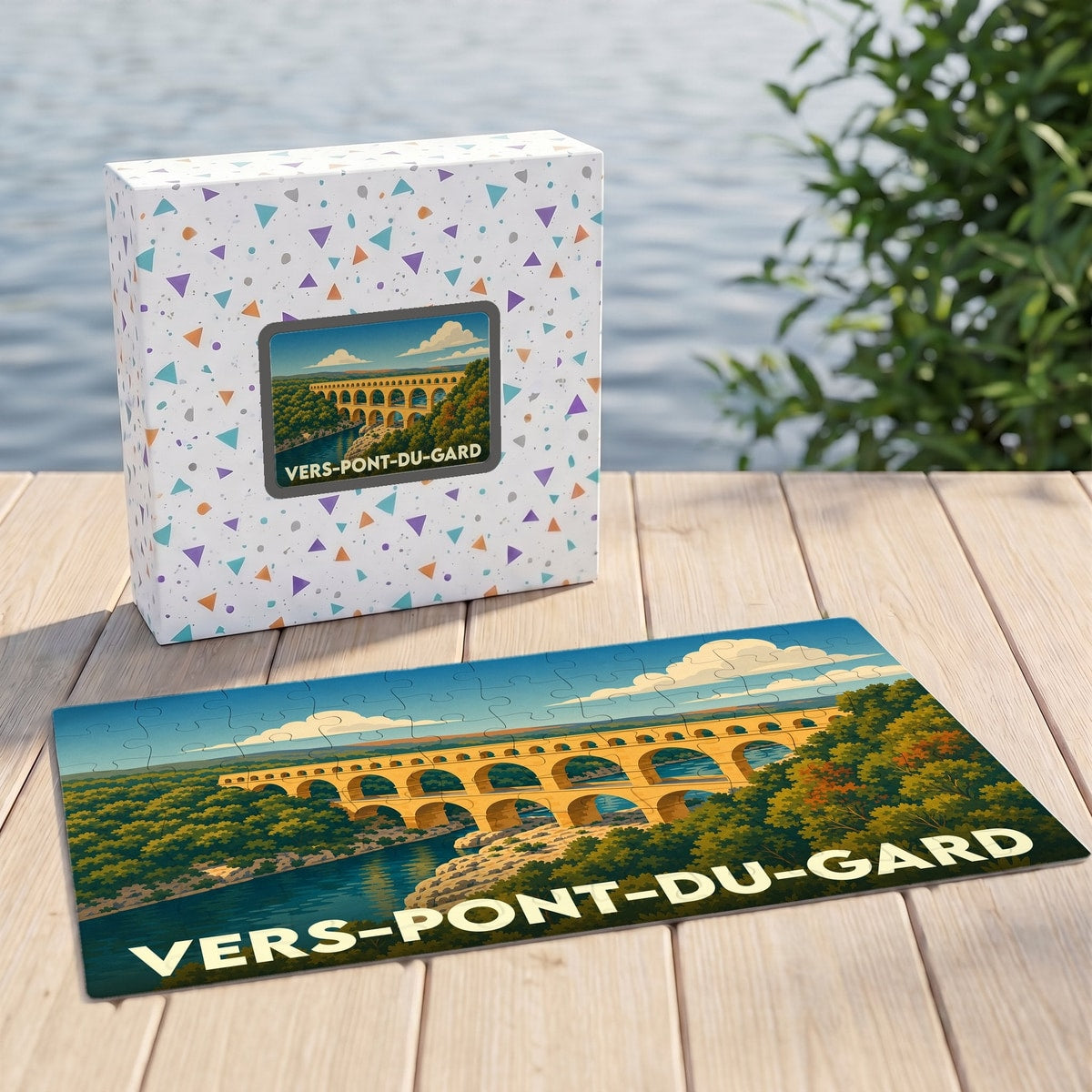Puzzle souvenir de la ville de Vers-Pont-du-Gard avec une illustration stylisée du célèbre aqueduc romain.