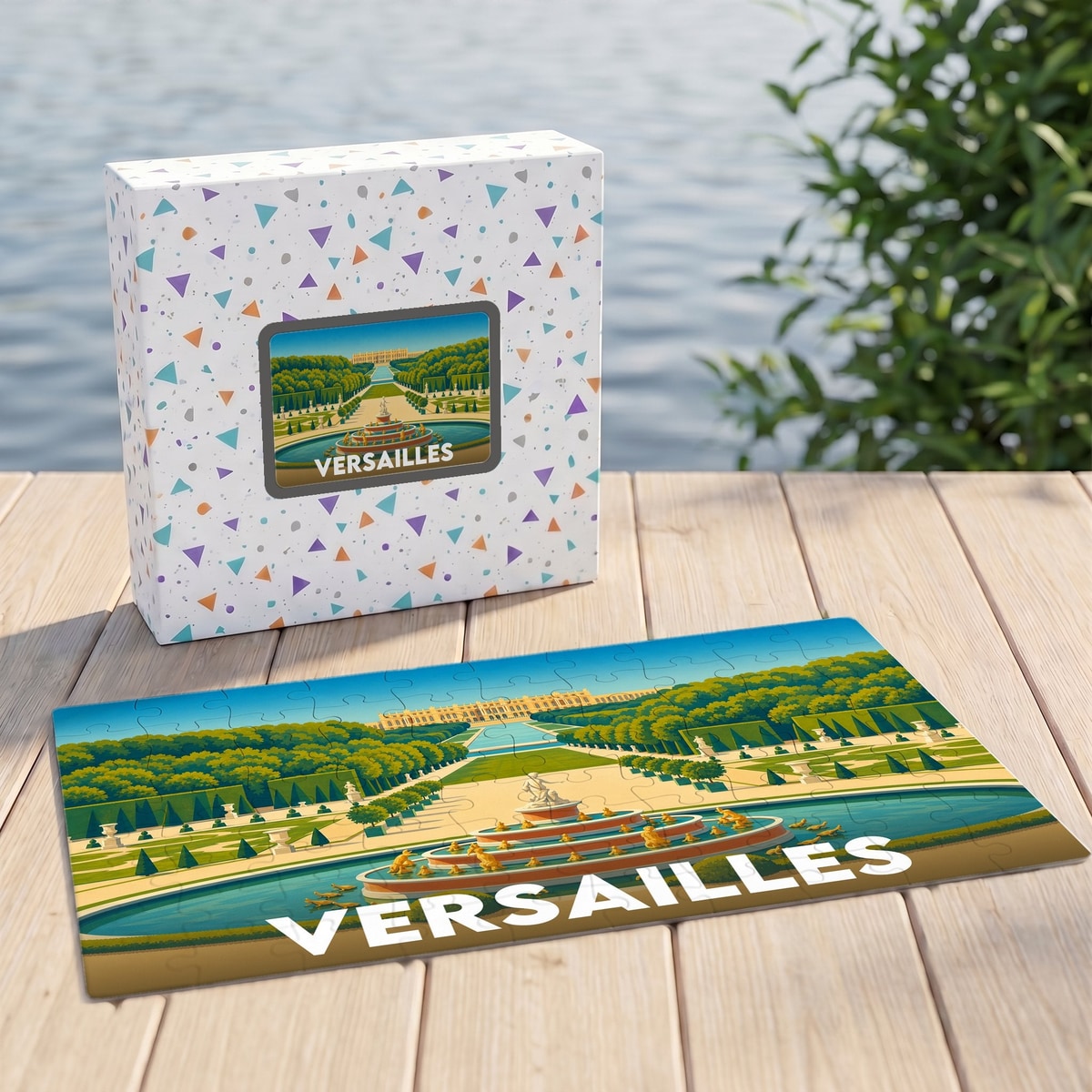 Puzzle souvenir de la ville de Versailles représentant une illustration stylisée de ses jardins.