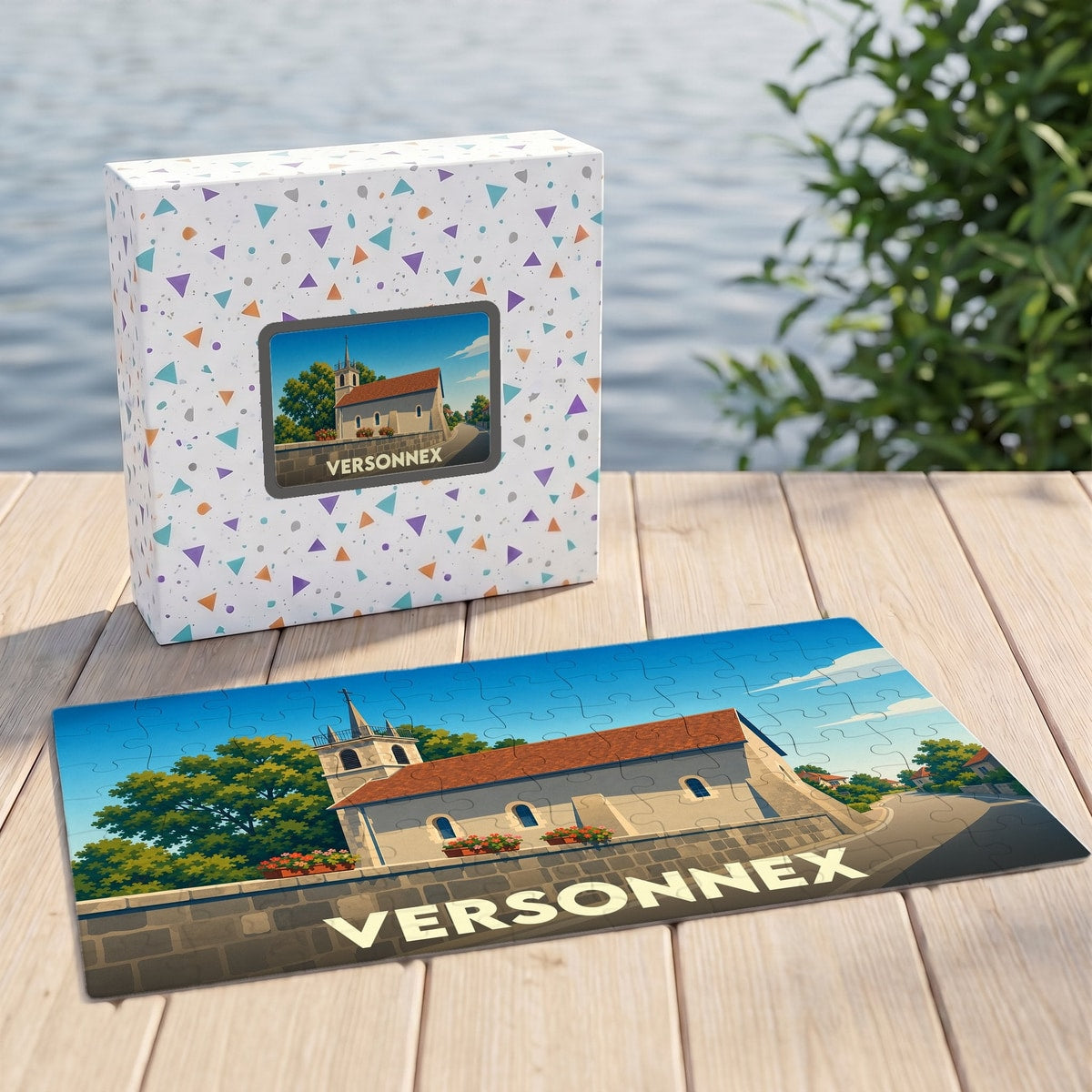 Puzzle souvenir de la ville de Versonnex avec une illustration stylisée d'une église.