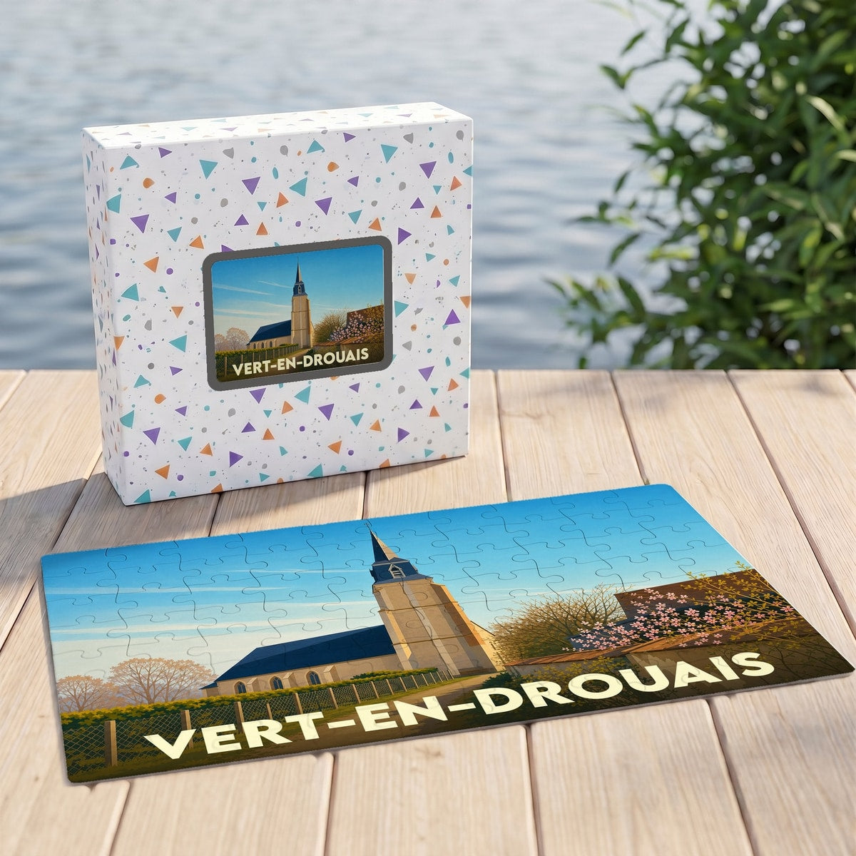 Puzzle souvenir de la ville de Vert-en-Drouais avec une illustration stylisée de son église.