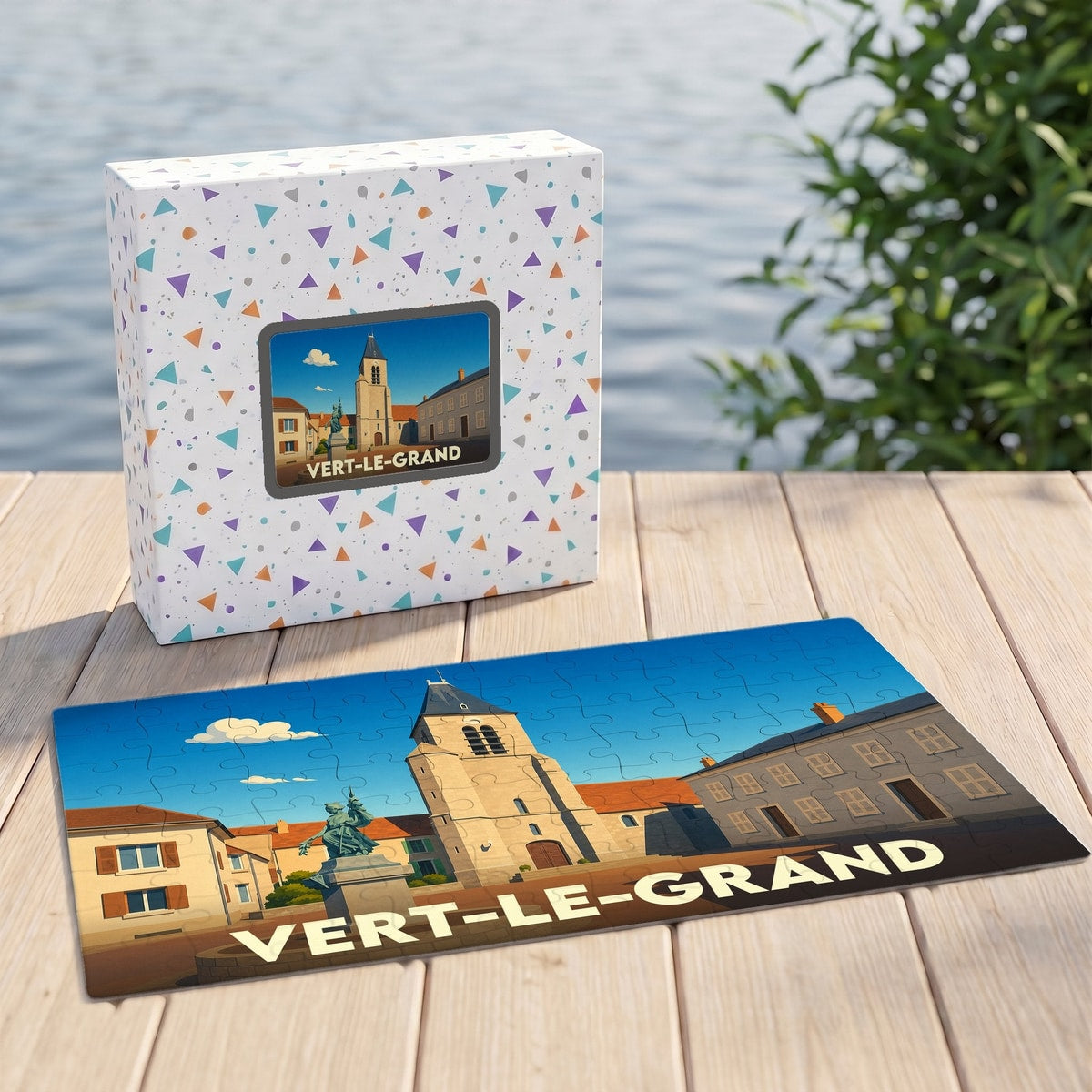 Puzzle souvenir de la ville de Vert-le-Grand avec une illustration stylisée d'une place et de son église.