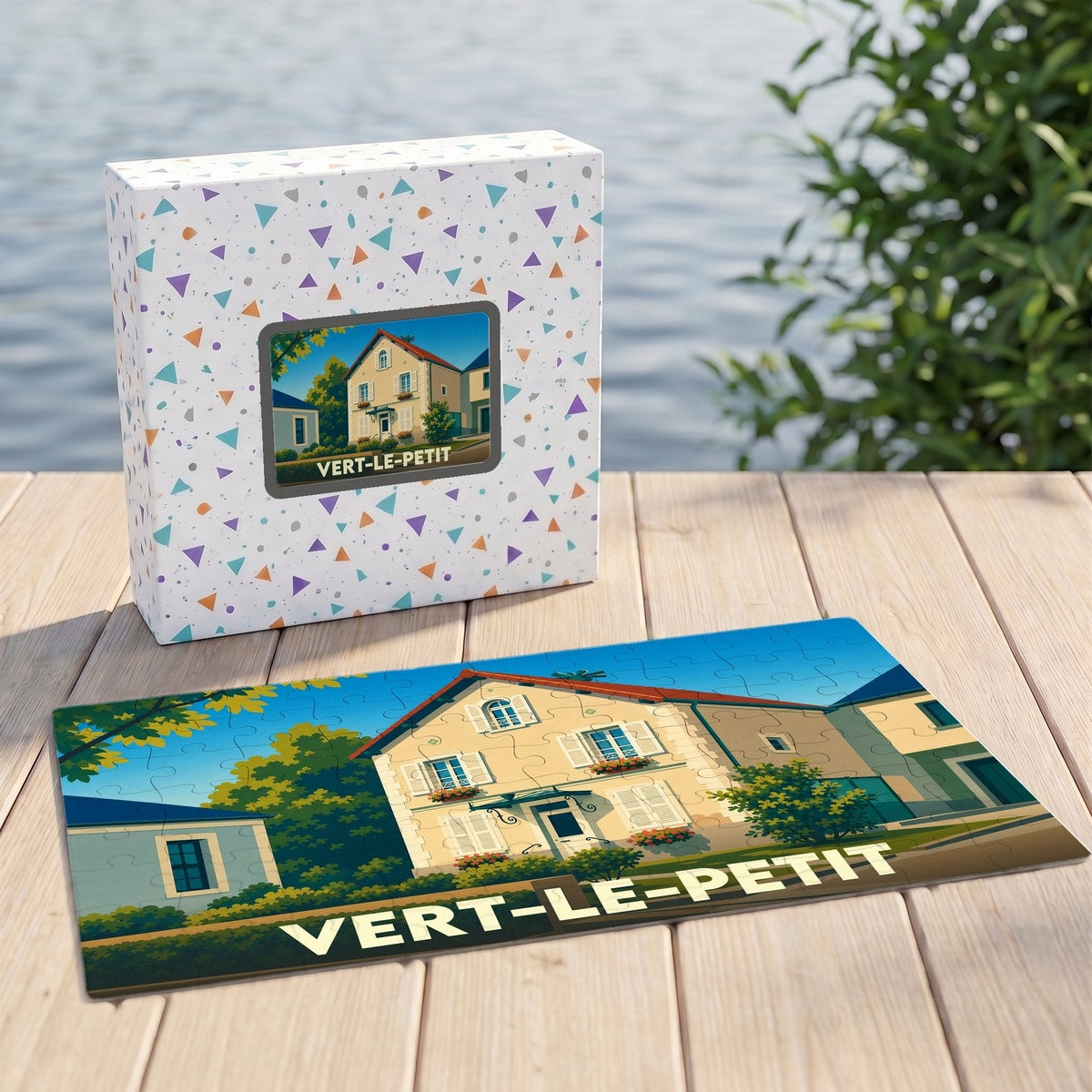 Puzzle souvenir de la ville de Vert-le-Petit avec une illustration stylisée d'une maison traditionnelle.