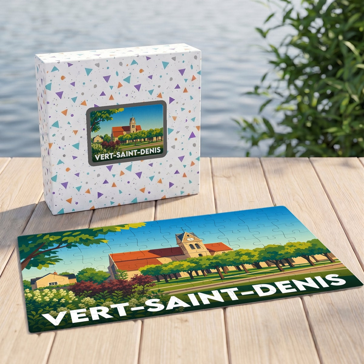 Puzzle souvenir de la ville de Vert-Saint-Denis avec une illustration stylisée d'une église.